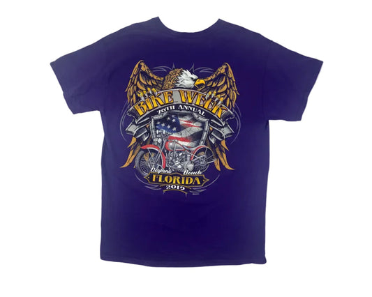Purple t-shirt with a bike week daytona beach logo on a white background