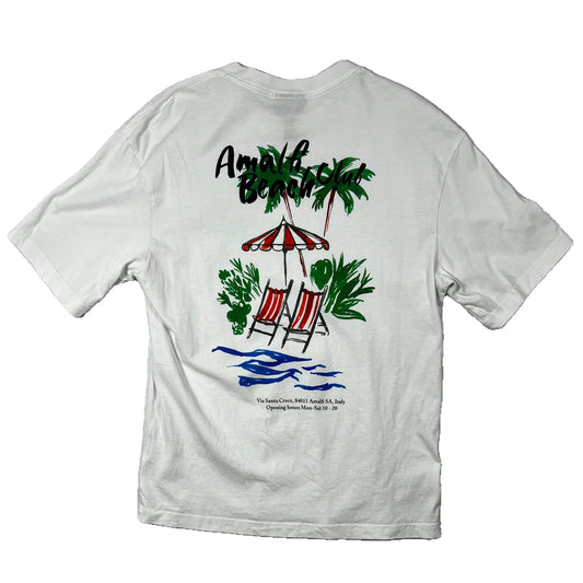 100% cotton white t-shirt with Amalfi Beach Club text on a white background