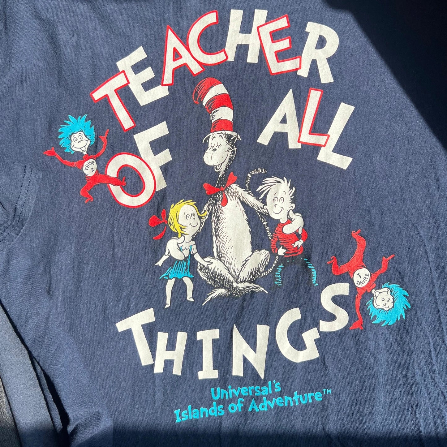 Navy blue t-shirt with 'Teacher of all things" wordings and a cat wearing top hat print