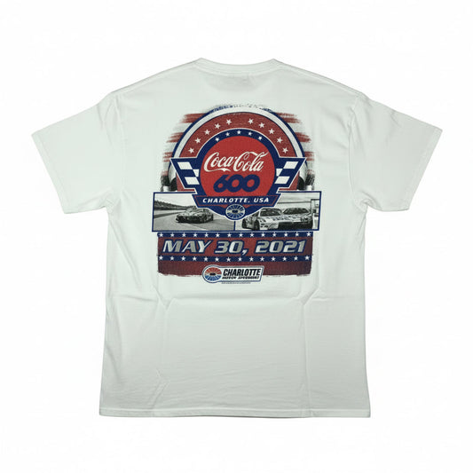Coca-Cola 600 texts and motor graphic on a white t-shirt