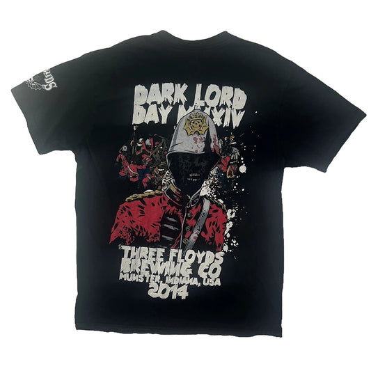 Black T-shirt with "Dark Lord Day MMXIV" text with intense battle-style visuals on a white background