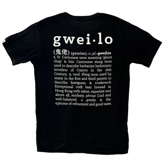 Black t-shirt with white text Gweilo definition on a white background