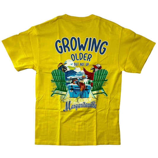 100% cotton yellow t-shirt with Growing Older But Not Up wordings and Margaritaville logo on white background