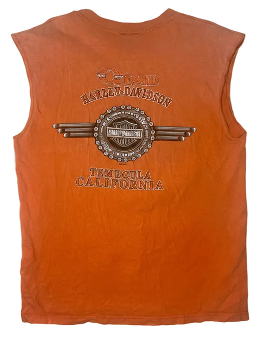 Orange sleeveless with Harley-Davidson logo and Temecula, California text on a white background, back view