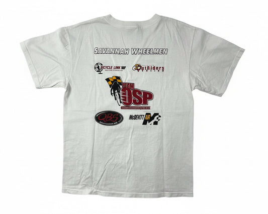 100% cotton white T-shirt with logos on a white background