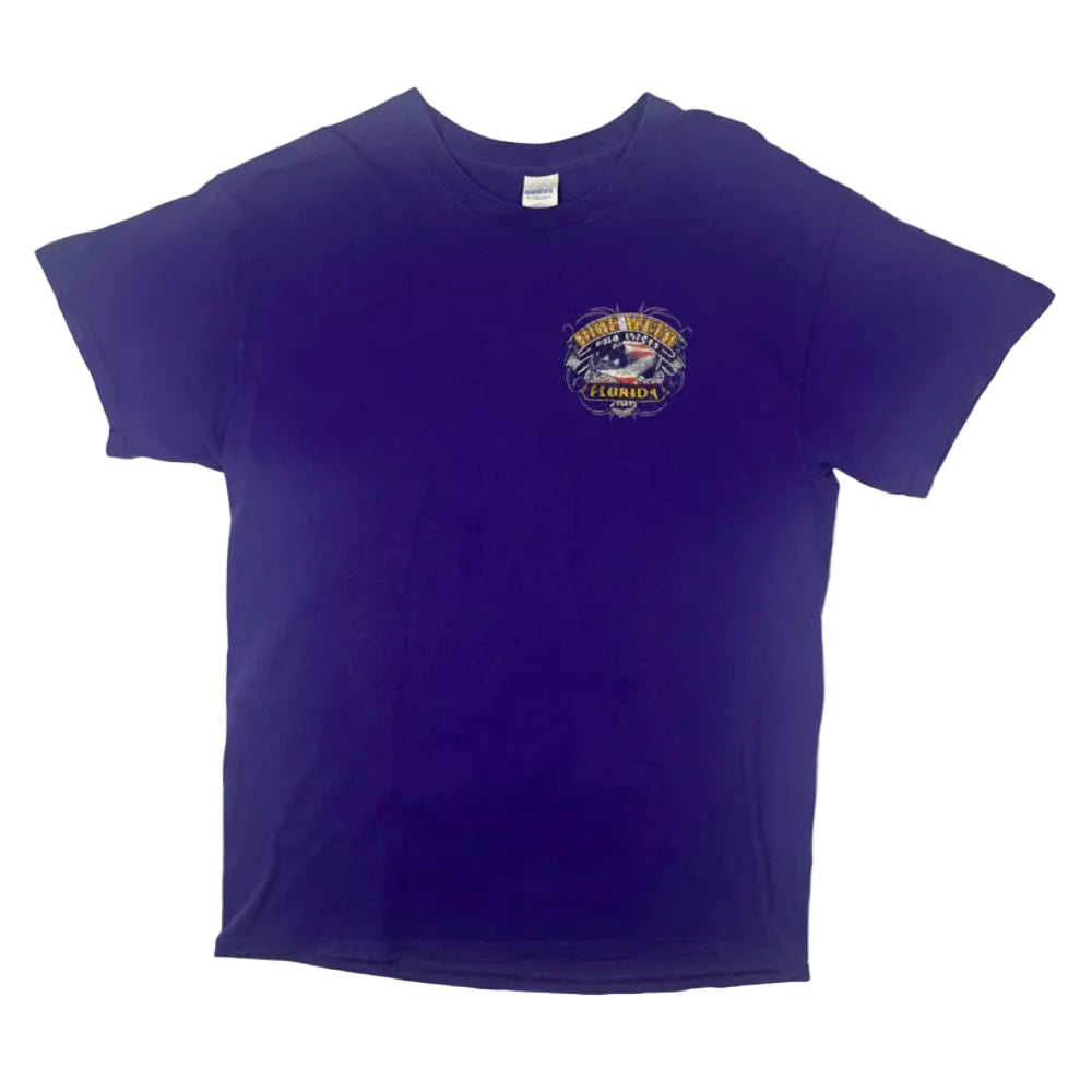 100% cotton purple short sleeve t-shirt with 78th bike week Florida logo on the front and text on the back