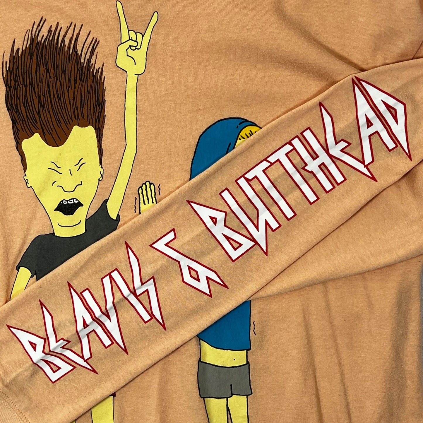 90's find_Blended cotton_Peach colour long sleeve with Beavis and Butthead graphics & wordings