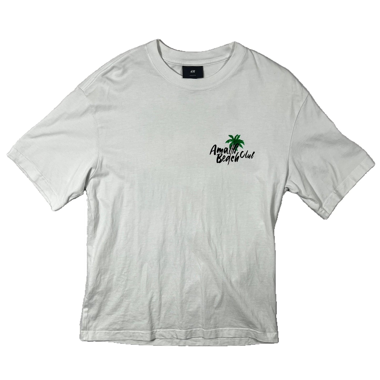 100% cotton white t-shirt with Amalfi Beach Club text on a white background