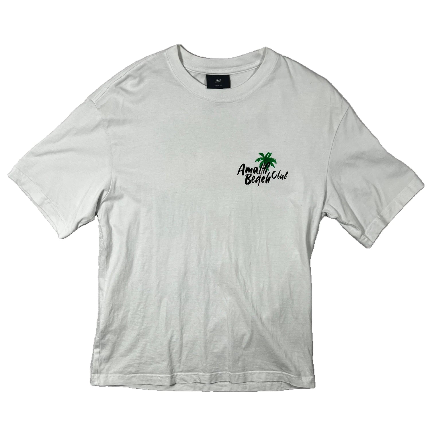 100% cotton white t-shirt with Amalfi Beach Club text on a white background