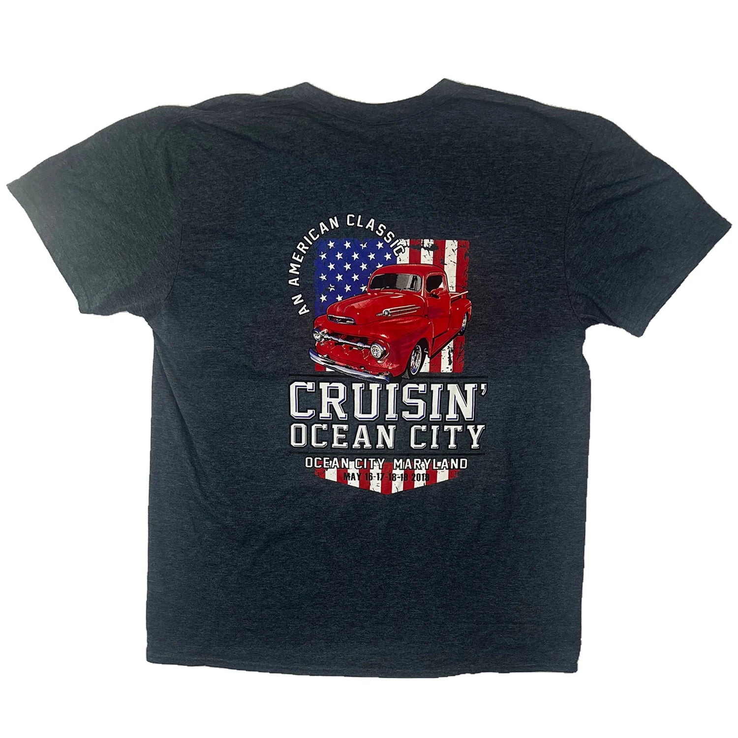 Navy Blue t-shirt with a red vintage car graphic and 'Cruisin' Ocean City' text on a white background