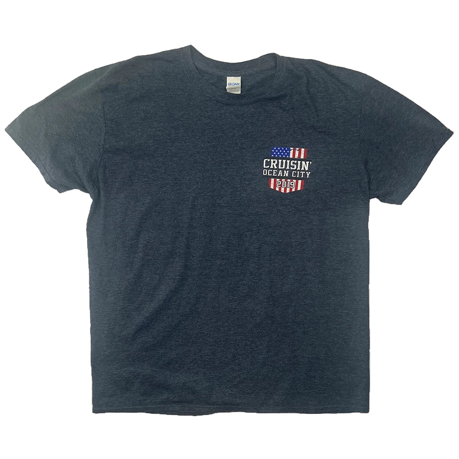 Navy blue t-shirt with 'Cruisin' Ocean City' logo on a white background