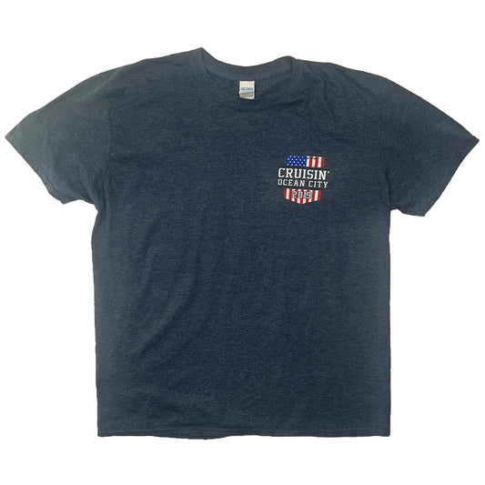 Navy blue t-shirt with 'Cruisin' Ocean City' logo on a white background