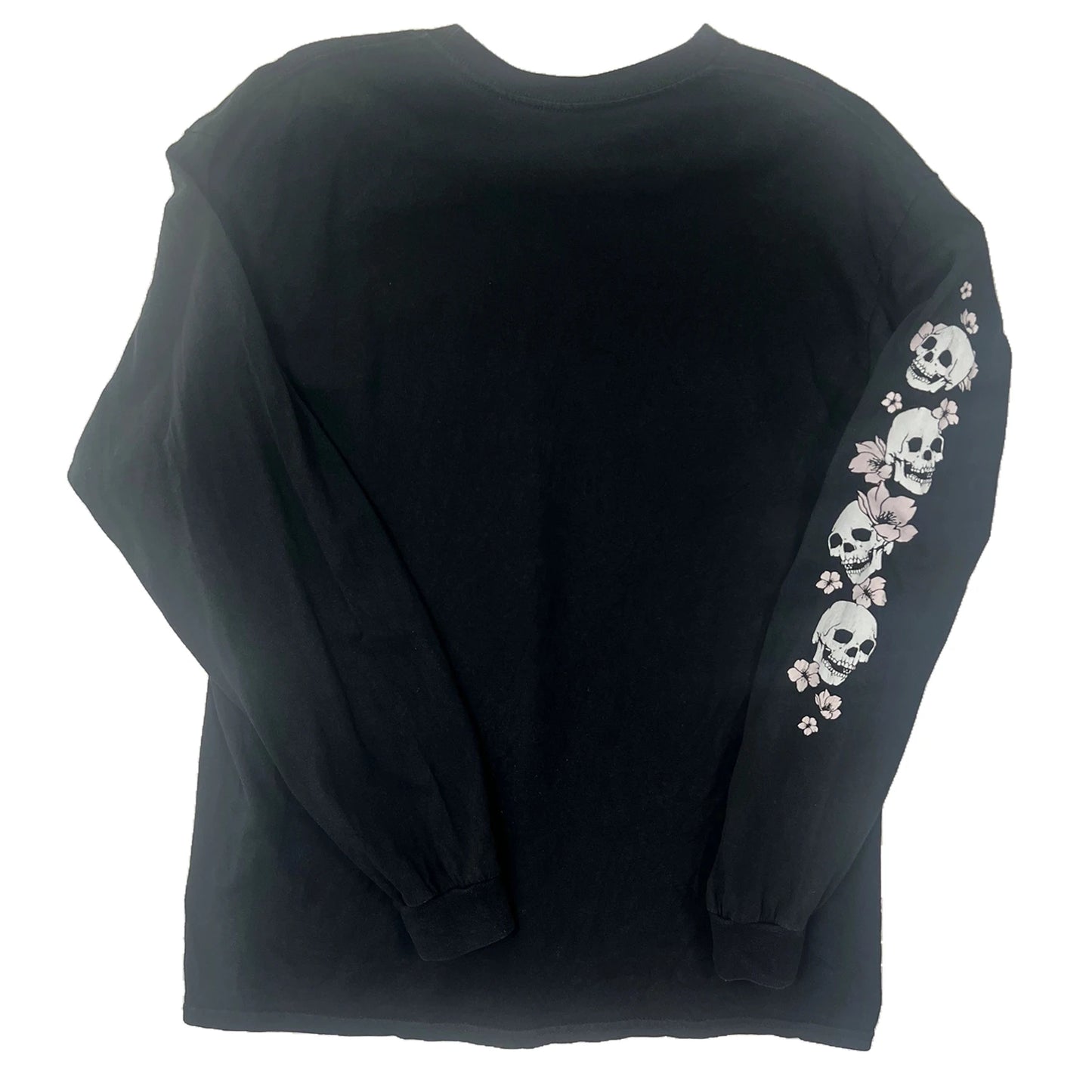 Black long-sleeve shirt with skull and floral designs on the sleeve
