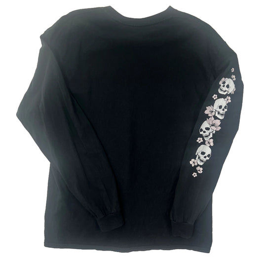 Black long-sleeve shirt with skull and floral designs on the sleeve