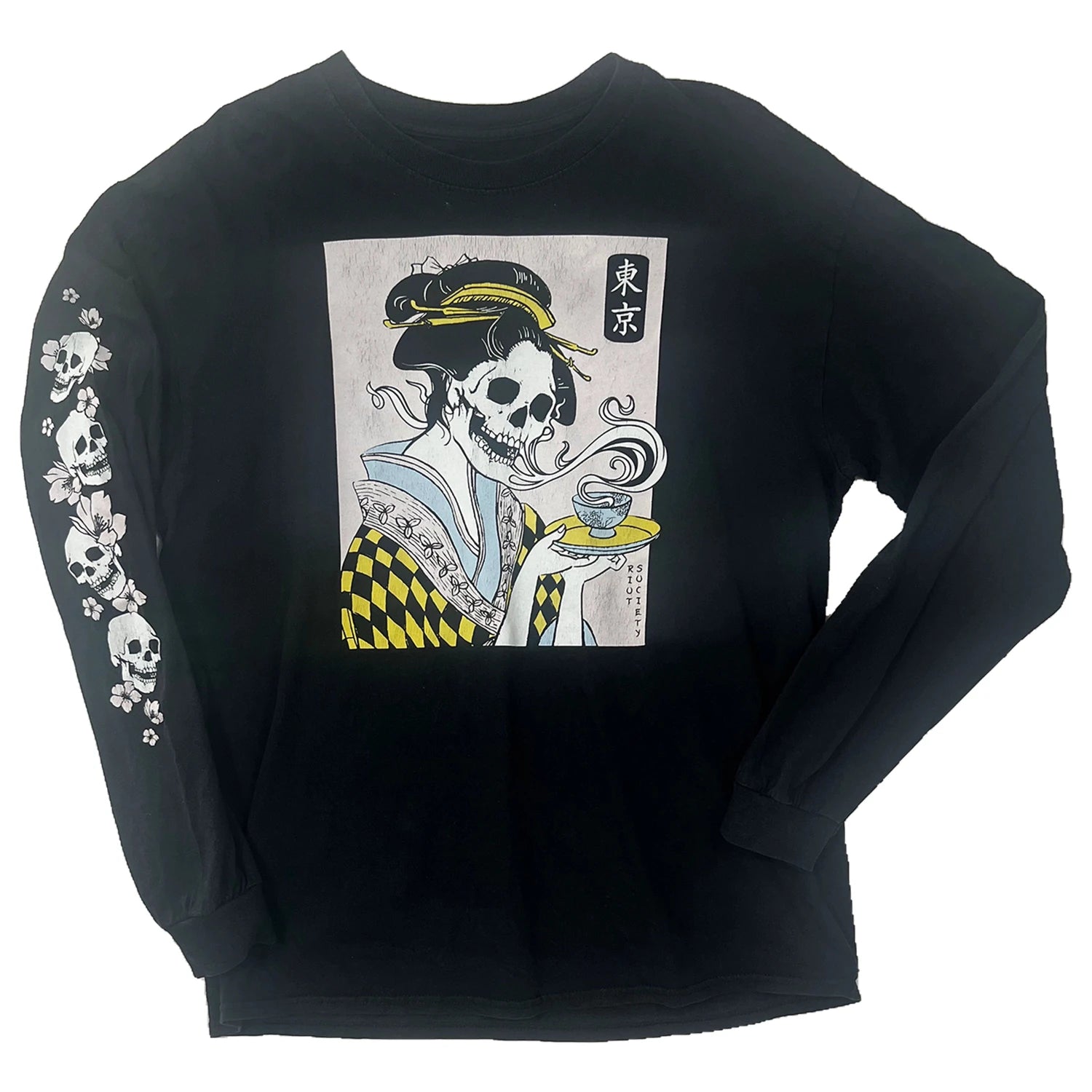Black long-sleeve shirt with a graphic design of a skeleton in traditional Japanese attire 