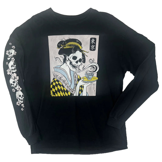 Black long-sleeve shirt with a graphic design of a skeleton in traditional Japanese attire 