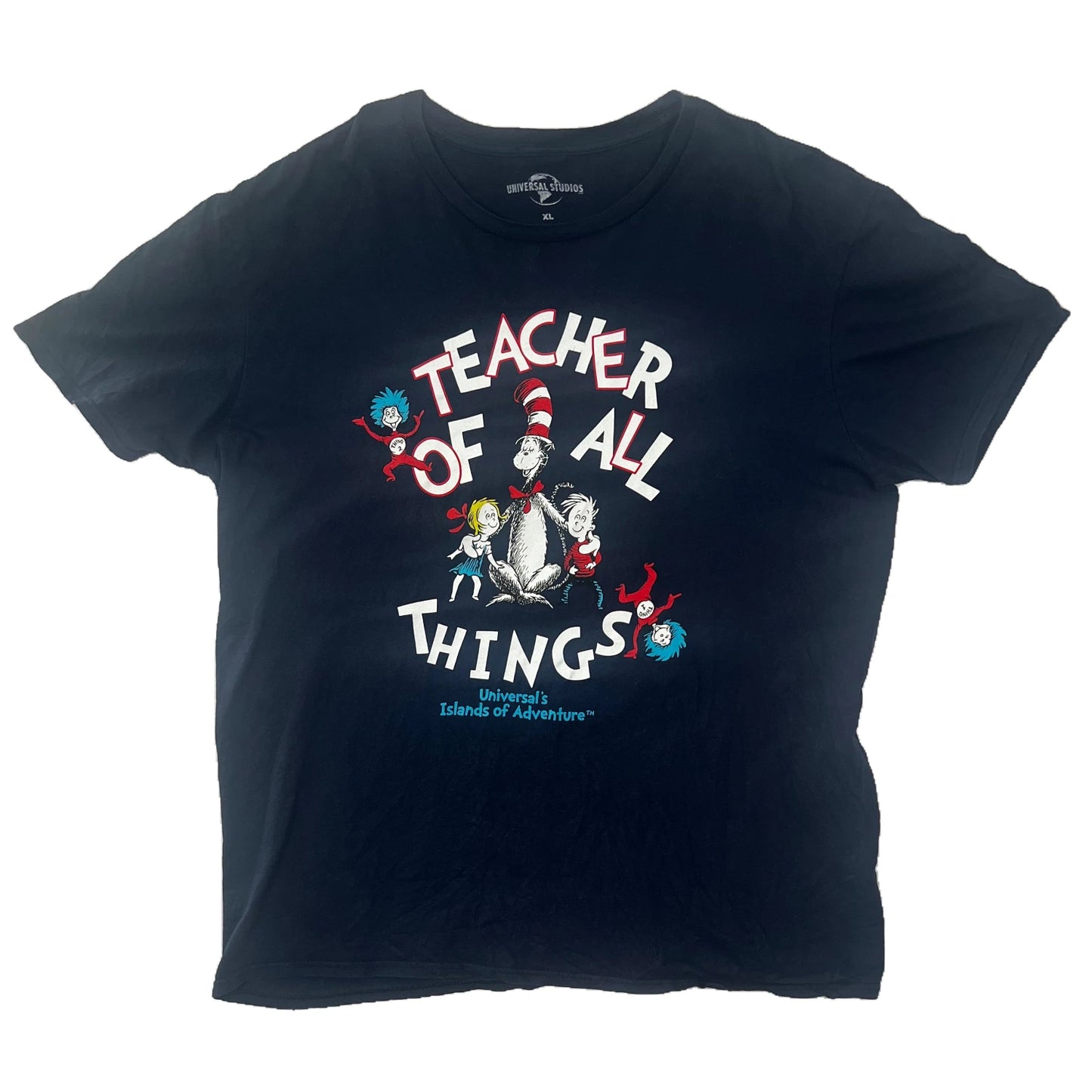 Navy Blue t-shirt with 'Teacher of All Things' graphic on a white background