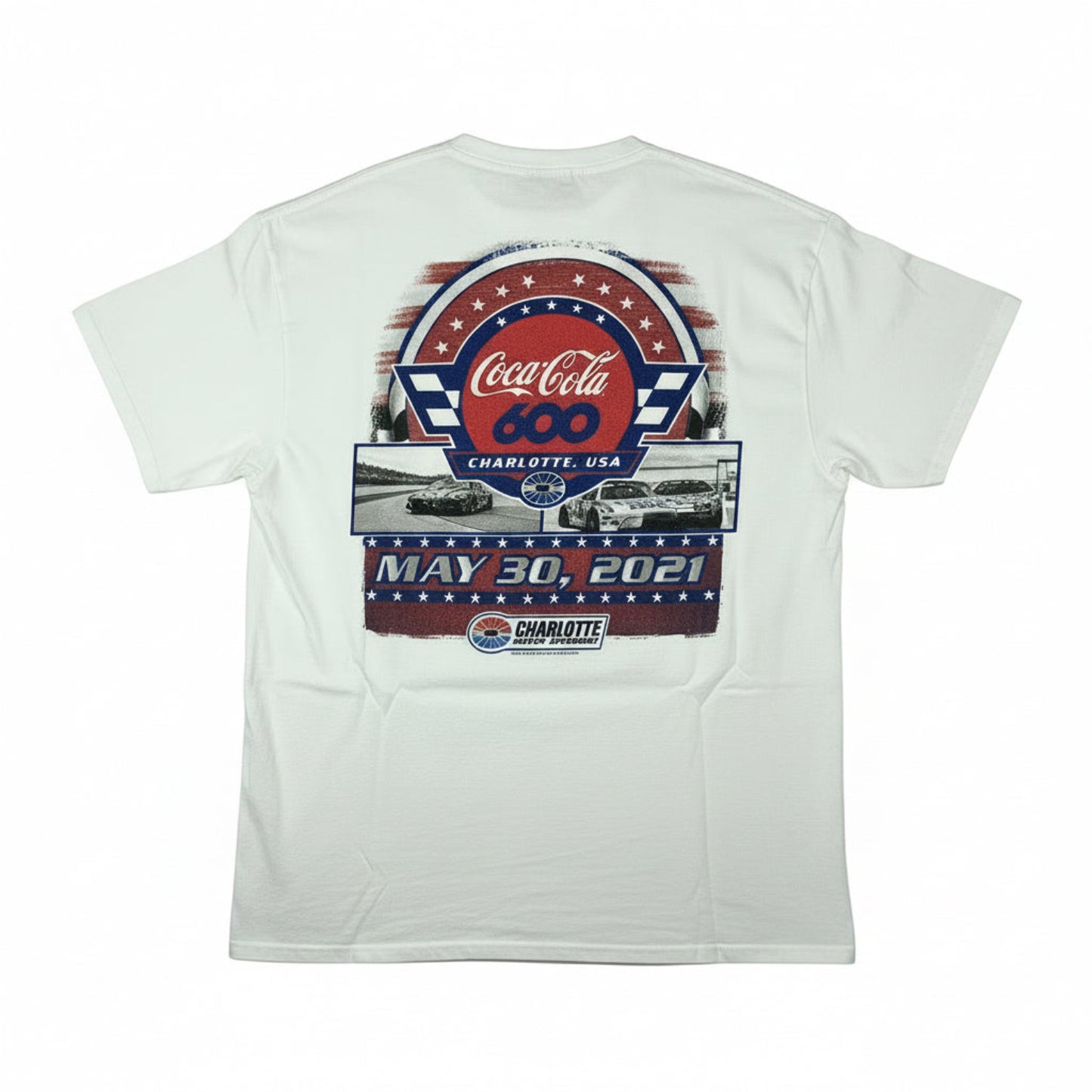 Coca-Cola 600 texts and motor graphic on a white t-shirt