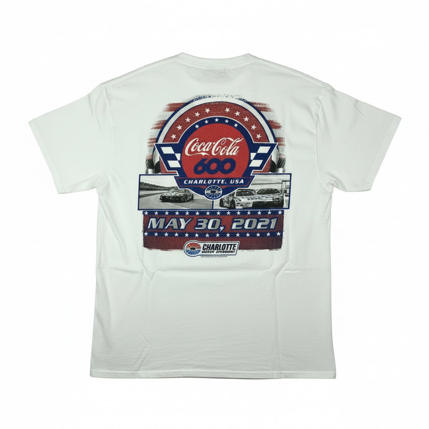 Coca-Cola 600 texts and motor graphic on a white t-shirt
