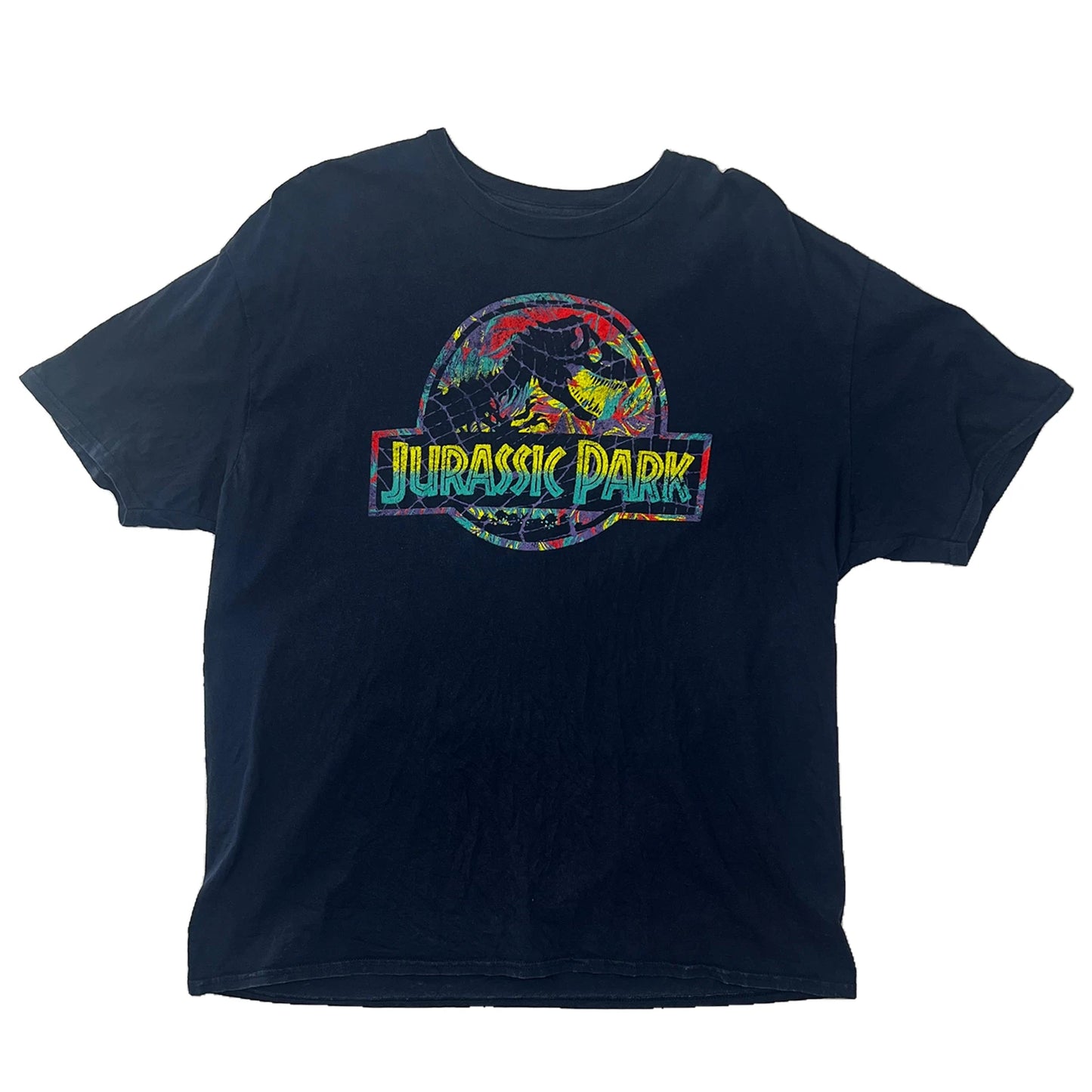 Navy Blue t-shirt with colorful 'Jurassic Park' logo on a white background