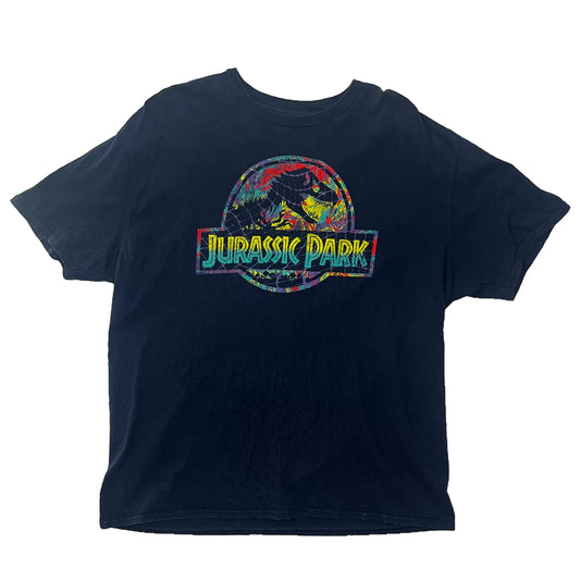 Navy Blue t-shirt with colorful 'Jurassic Park' logo on a white background