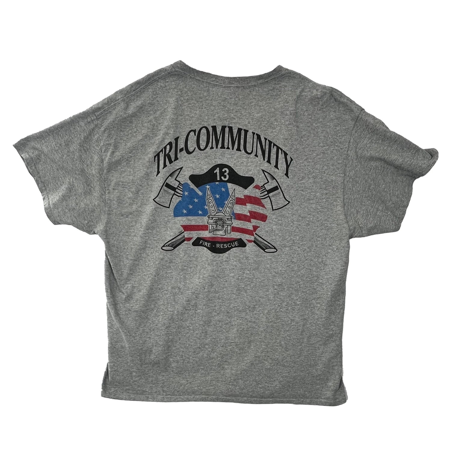 Light_Heather_Grey_t-shirt with 'Tri-Community Fire Rescue' graphic design featuring axes, an American flag, and a building.