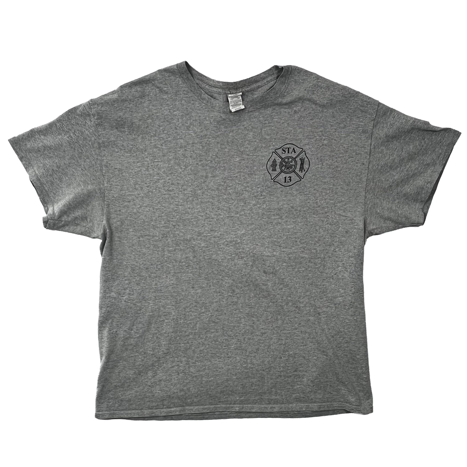 A black line art logo on a light heather grey color T-shirt