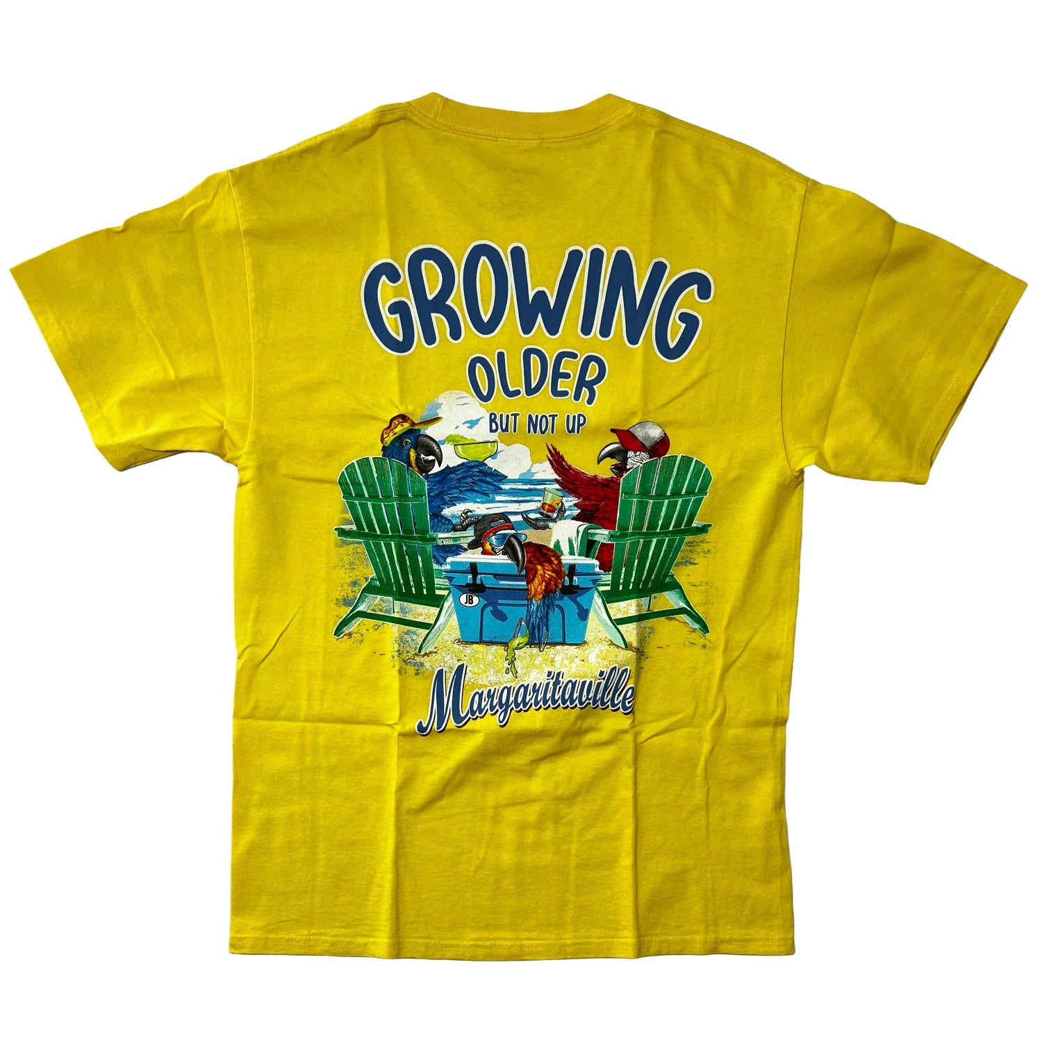 100% cotton yellow t-shirt with "Growing Older But Not Up", a song name and Margaritaville logo on a white background