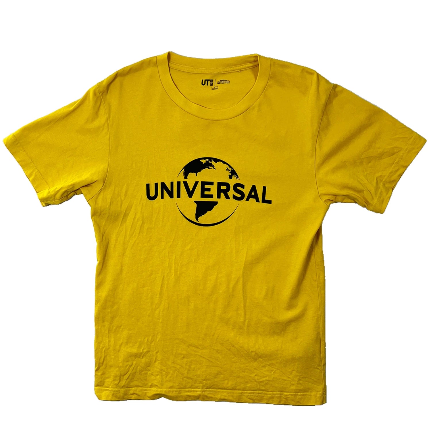 Yellow t-shirt with 'UNIVERSAL' logo on a white background