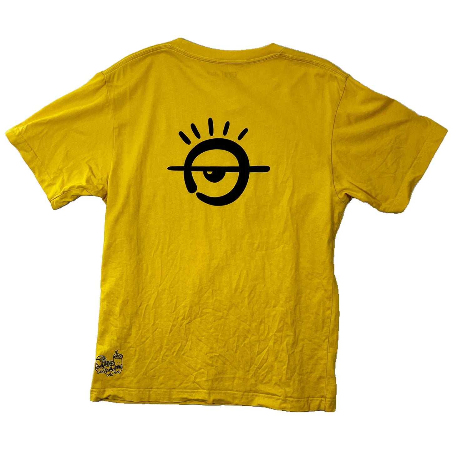 The back of yellow t-shirt with a Minions eyes on a white background