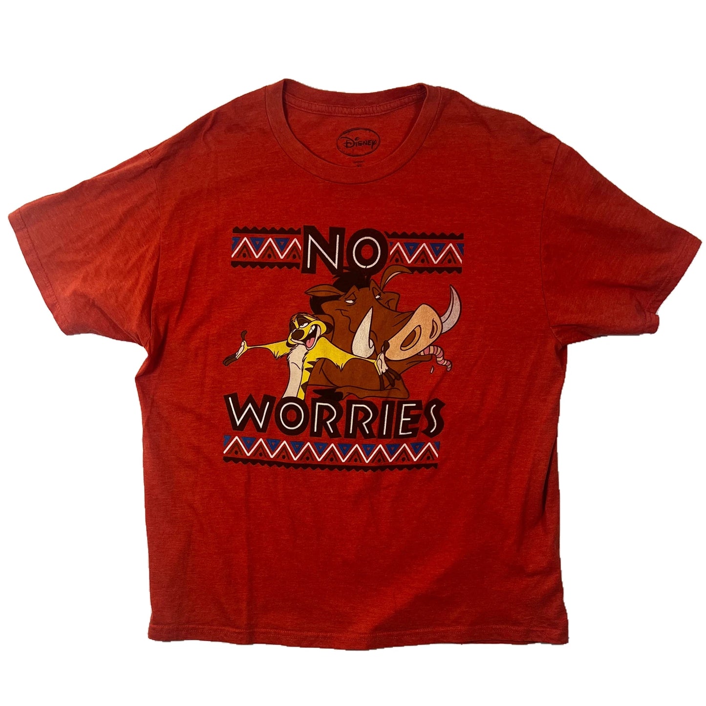 Disney_Lion King_Orange t-shirt with No Worries text on a white background 