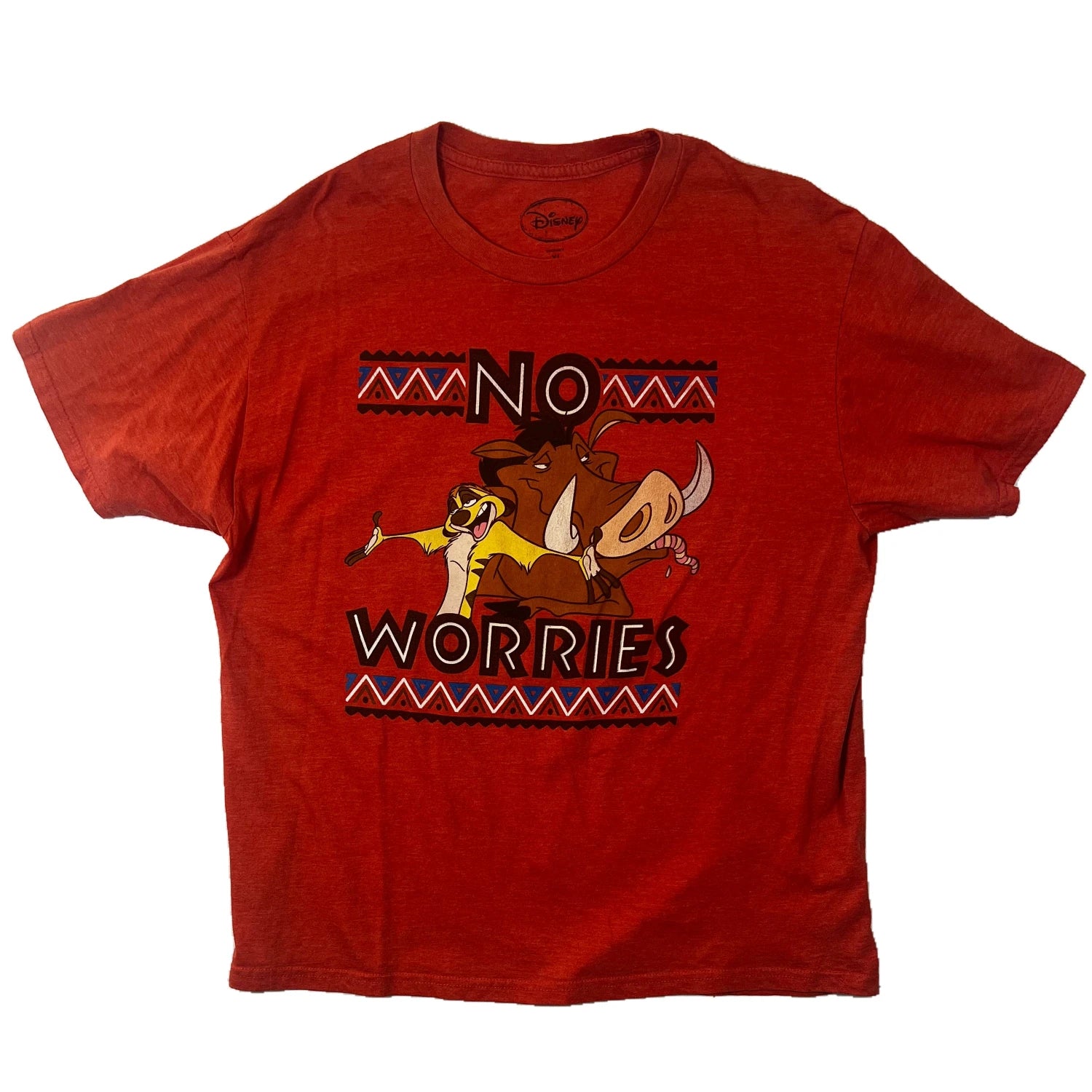 Disney_Lion King_Orange t-shirt with No Worries text on a white background 
