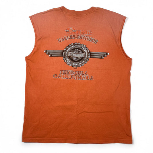 Orange sleeveless with Harley-Davidson logo and Temecula, California text on a white background