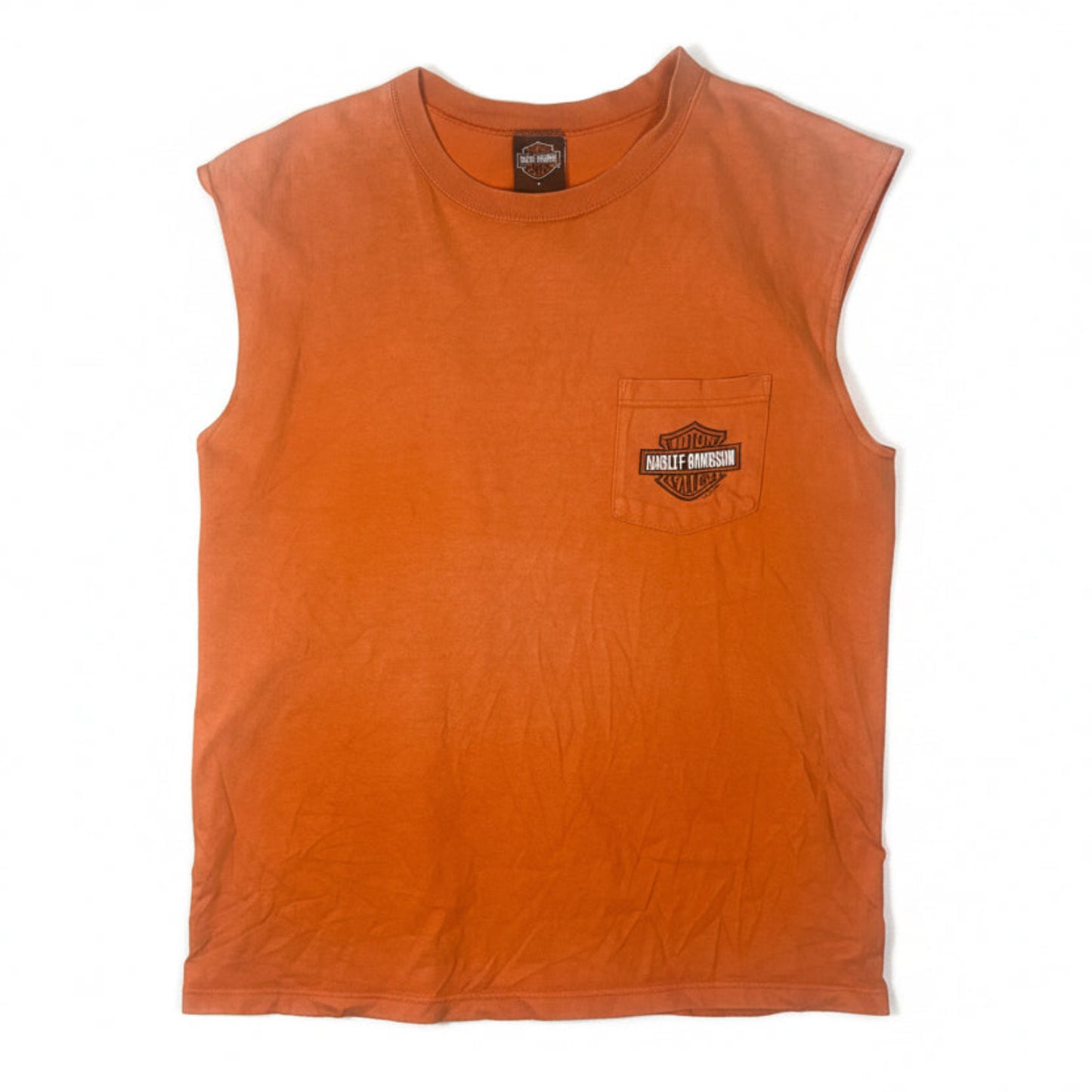 Orange sleeveless shirt with a harley davidson logo on a white background