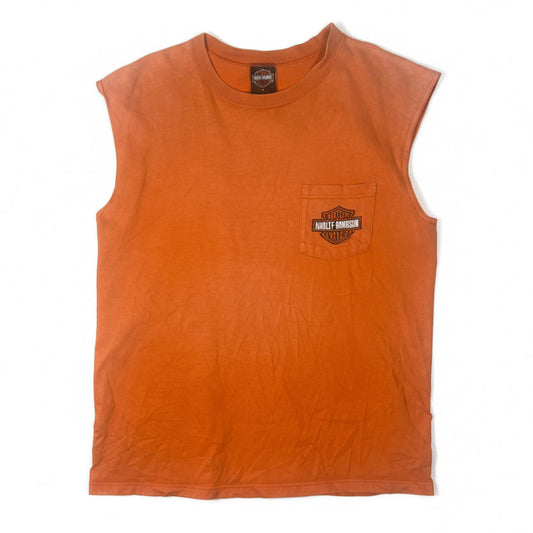 Orange sleeveless shirt with a harley davidson logo on a white background