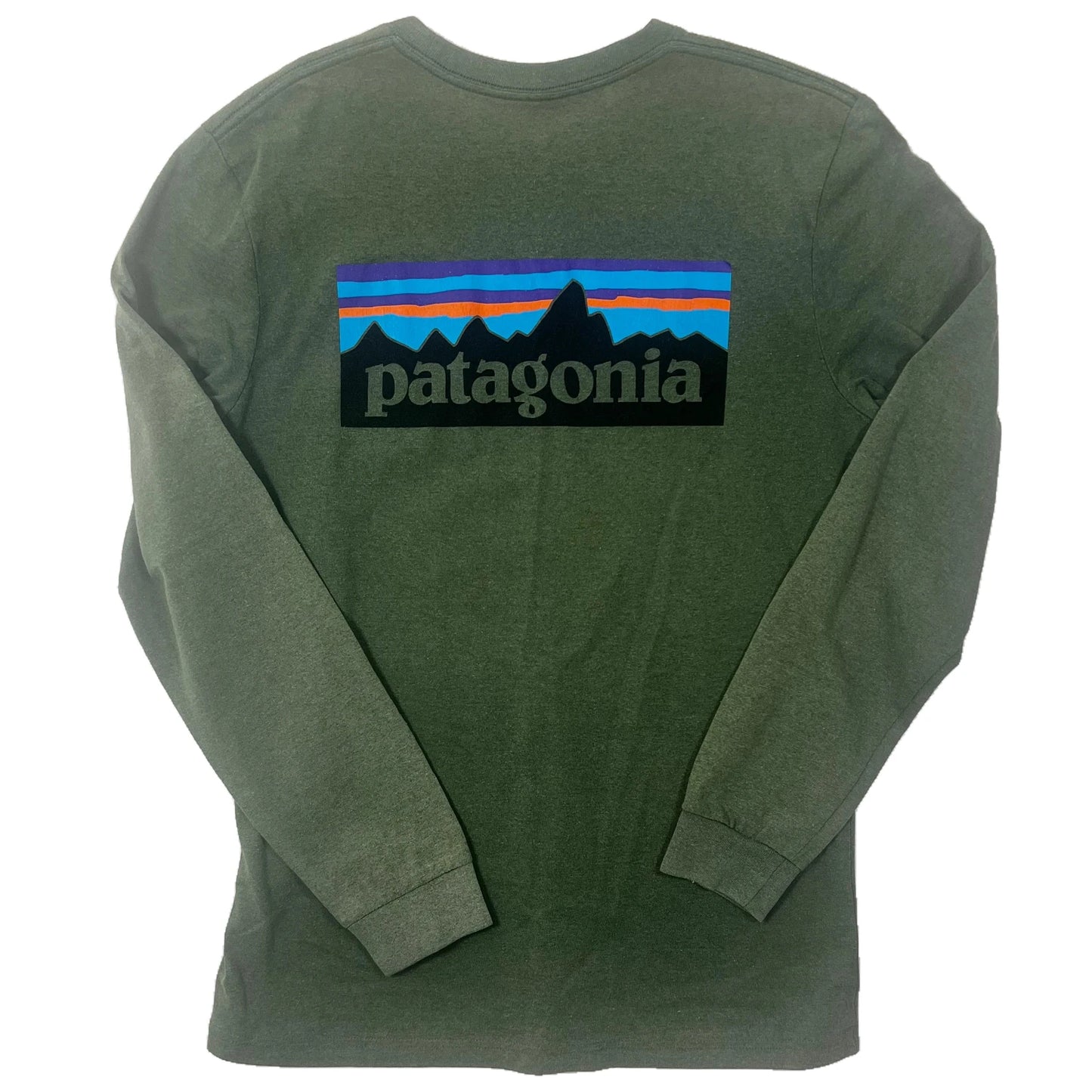 Army Green_Back side of long-sleeve shirt with Patagonia logo and graphic on a white background