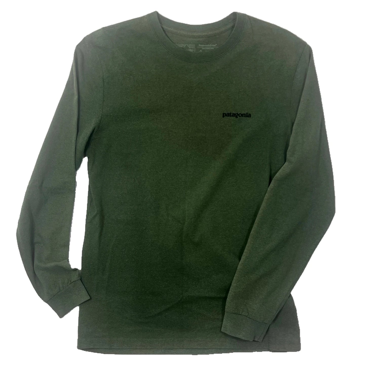 Army Green long-sleeve shirt with a Patagonia logo on a white background