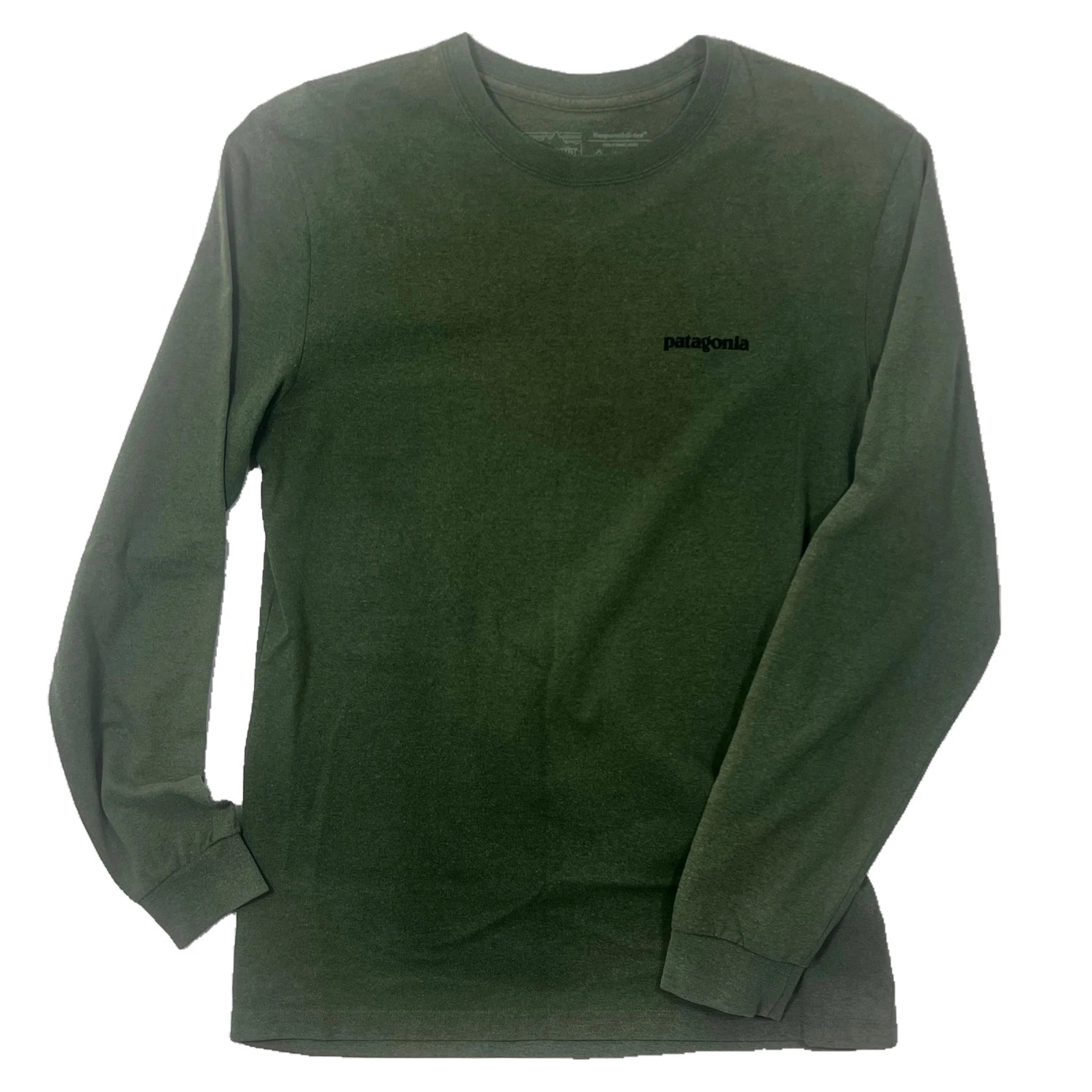 Army Green long-sleeve shirt with a Patagonia logo on a white background