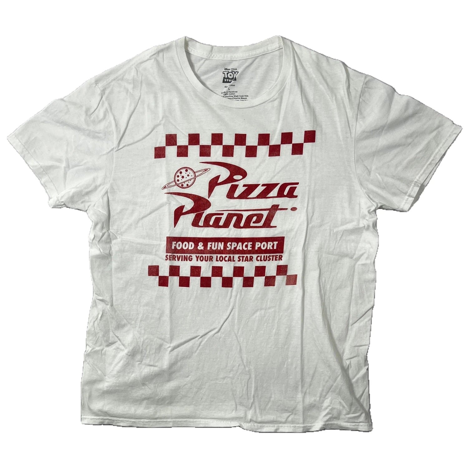 100% Cotton White T-shirt with red 'Pizza Planet' graphic on a white background