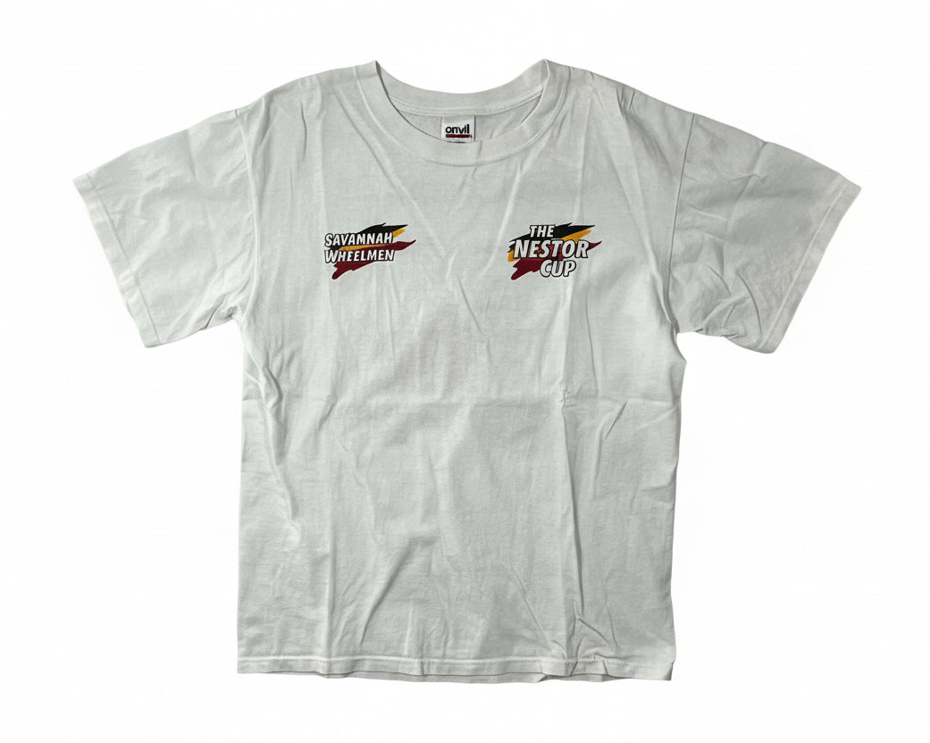 White 100% cotton Crew Neck t-shirt Savannah Wheelmen front view