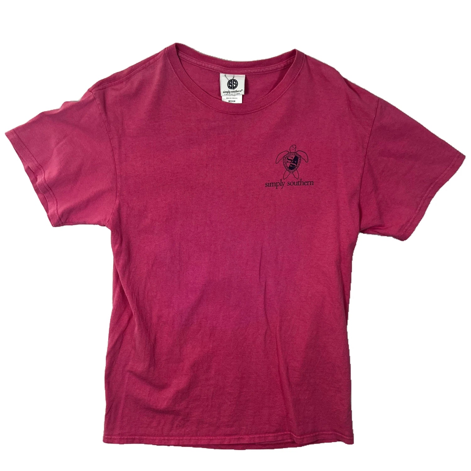 Light pink t-shirt with a "Simply Southern logo on the chest against a white background