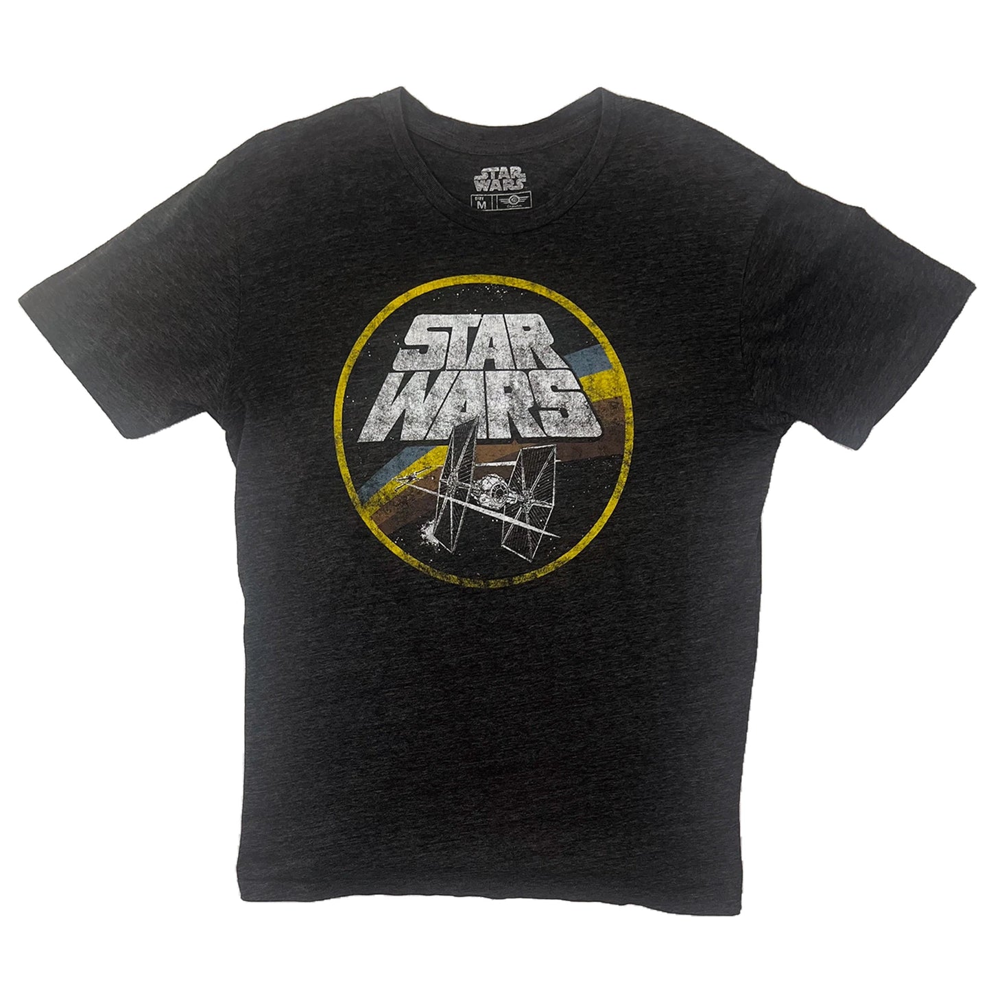 Black T-shirt with Star Wars logo and TIE Fighter on a white background