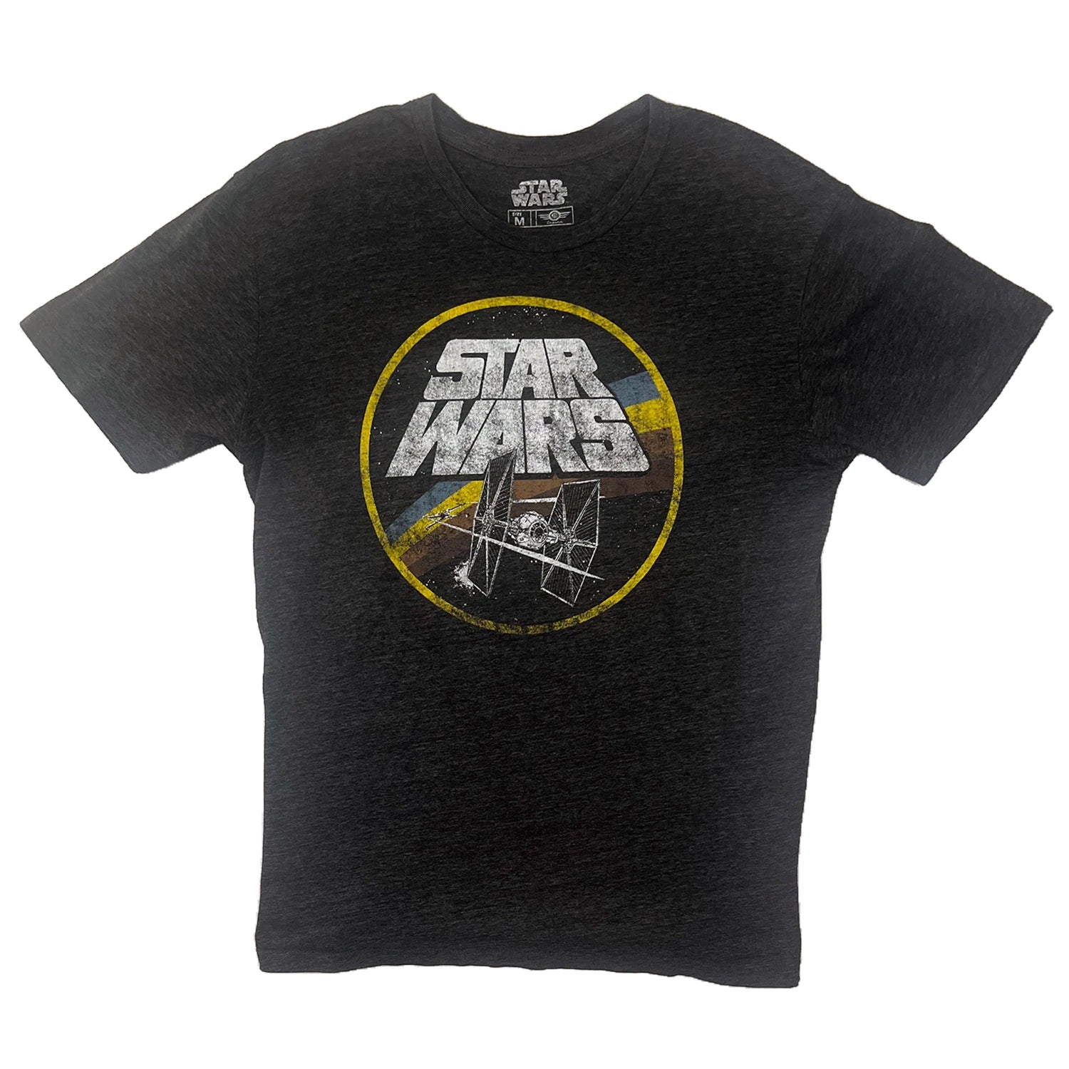 Black T-shirt with Star Wars logo and TIE Fighter on a white background