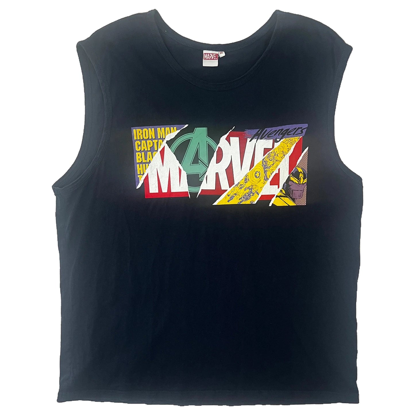 Navy Blue Tank Top with Marvel Avengers collage logo on a white background