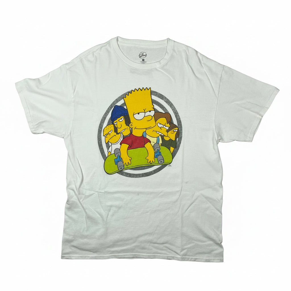 White t-shirt with a colorful graphic of cartoon characters
