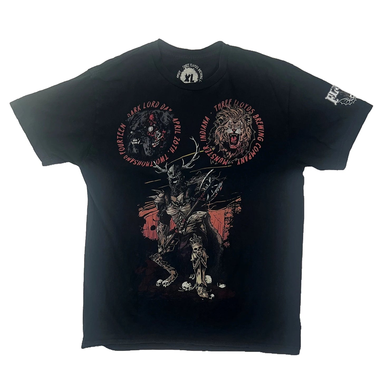 Black graphic tee featuring a bold Dark Lord-inspired print with twin circular logo graphics at the chest and a striking fantasy warrior illustration on the front