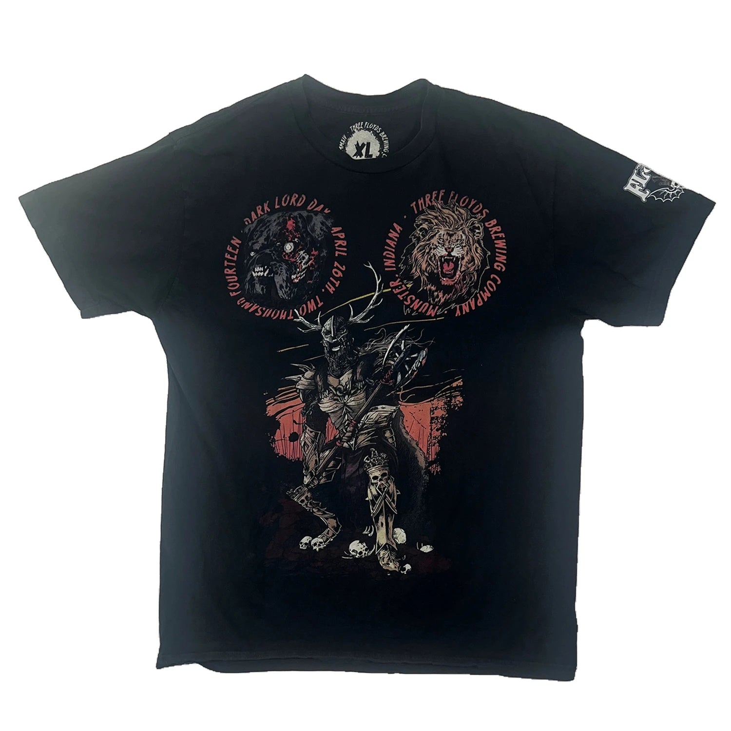 Black graphic tee featuring a bold Dark Lord-inspired print with twin circular logo graphics at the chest and a striking fantasy warrior illustration on the front