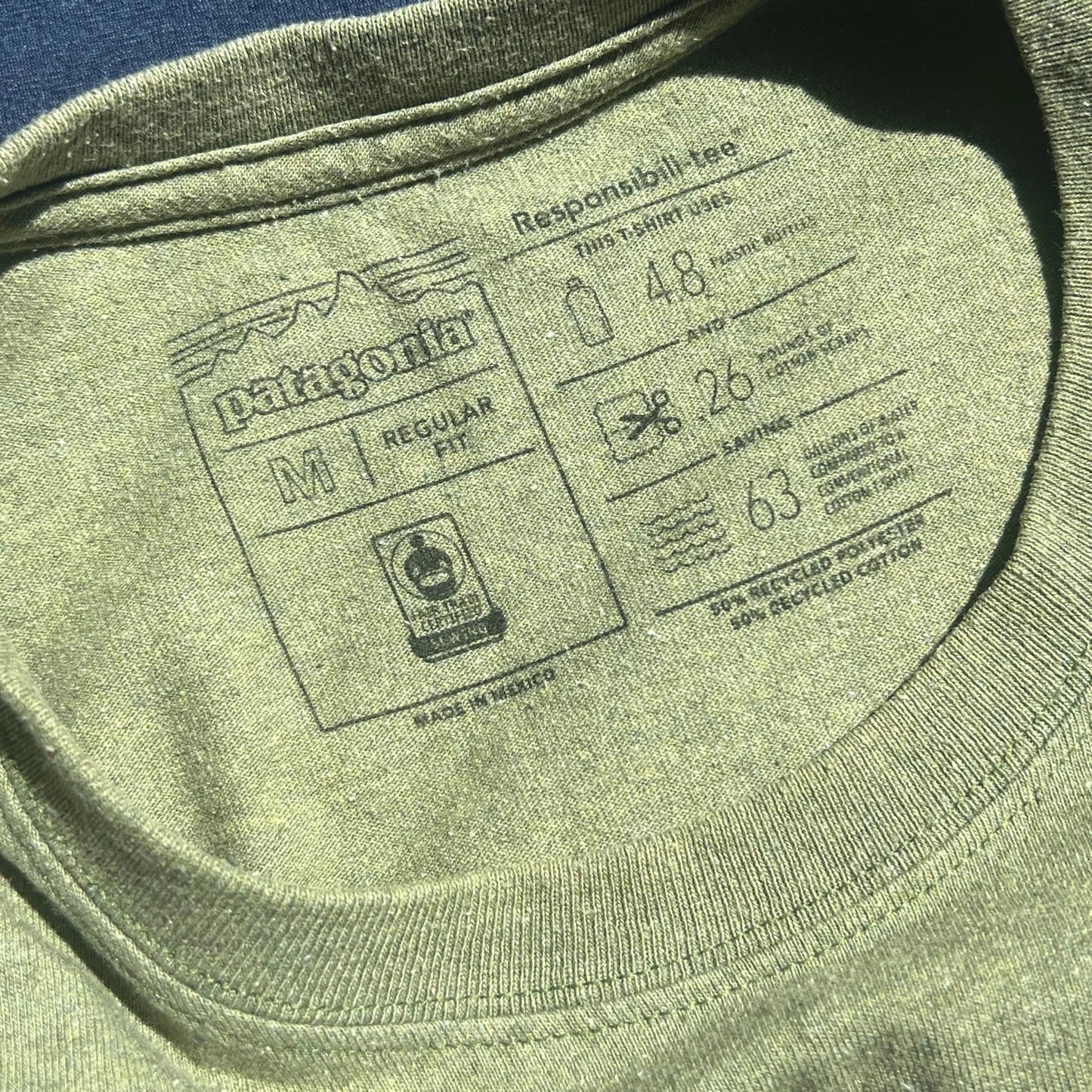 Close-up of Patagonia responsibili-tee carelabel with garment inofrmation