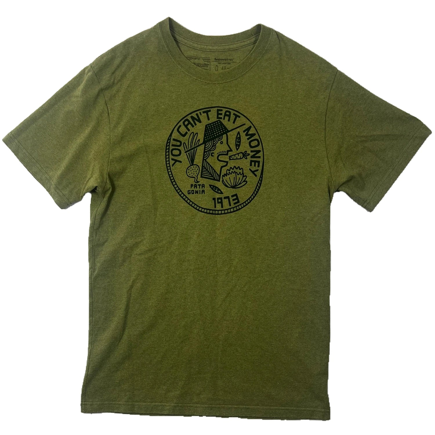 Army green t-shirt with "You can't eat money" wordings on a white background 